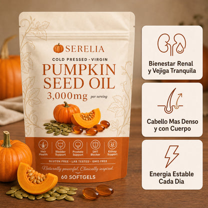 Cápsulas de Aceite de Semilla de Calabaza 3,000 mg con Saw Palmetto para Caída de Cabello, Control de Vejiga y Riñones - Serelia