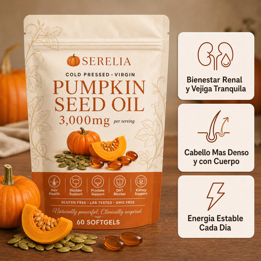 Cápsulas de Aceite de Semilla de Calabaza 3,000 mg con Saw Palmetto para Caída de Cabello, Control de Vejiga y Riñones - Serelia