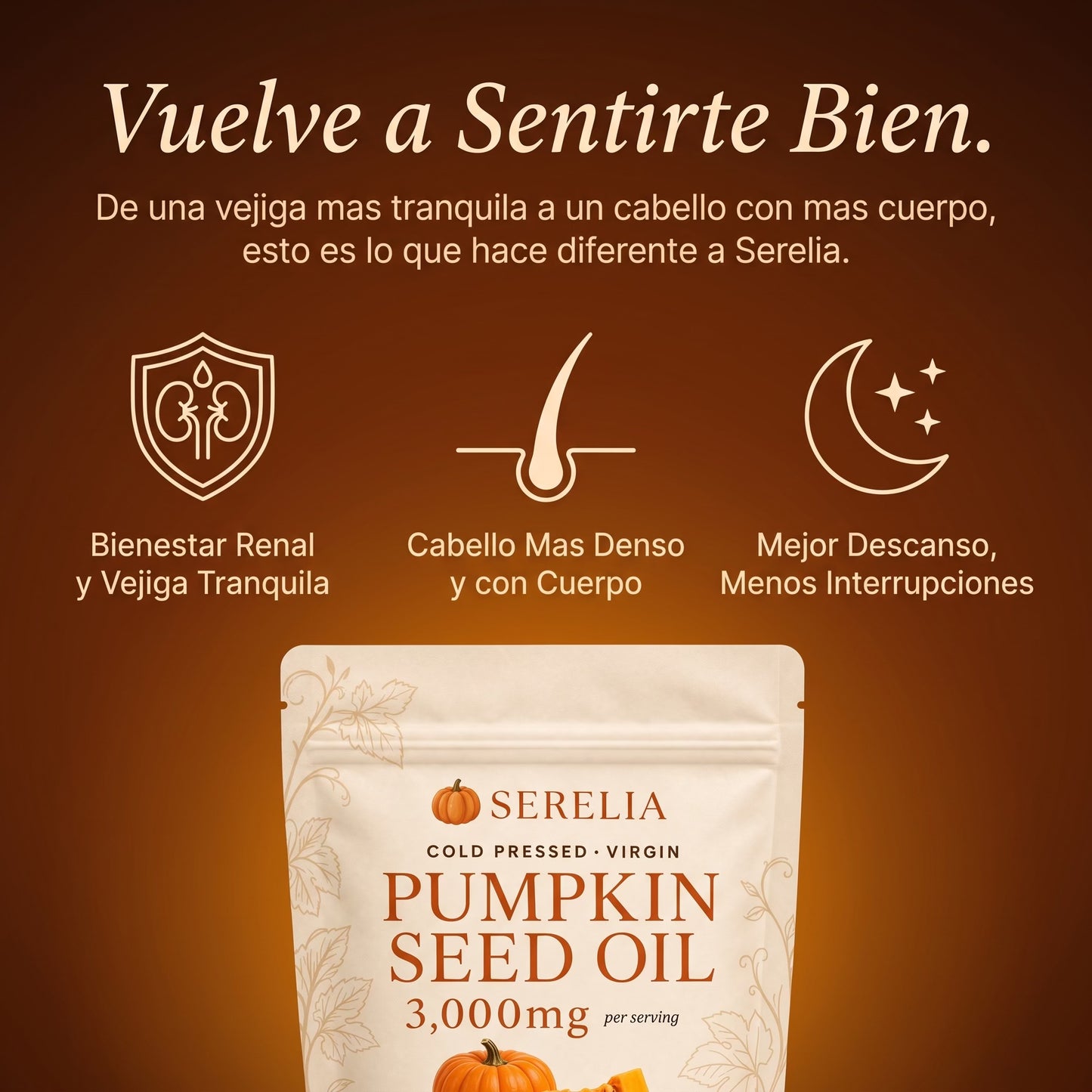 Cápsulas de Aceite de Semilla de Calabaza 3,000 mg con Saw Palmetto para Caída de Cabello, Control de Vejiga y Riñones - Serelia